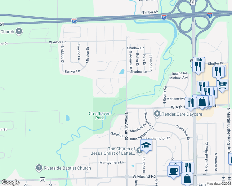 map of restaurants, bars, coffee shops, grocery stores, and more near 4300-4398 North Leonore Drive in Decatur
