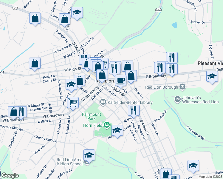 map of restaurants, bars, coffee shops, grocery stores, and more near 50 South Main Street in Red Lion