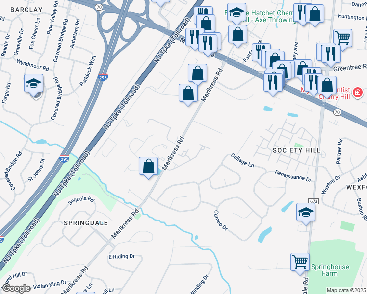 map of restaurants, bars, coffee shops, grocery stores, and more near 73 Versailles Boulevard in Cherry Hill