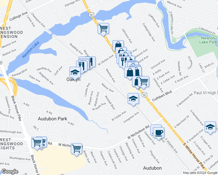 map of restaurants, bars, coffee shops, grocery stores, and more near 145 Manor Avenue in Oaklyn