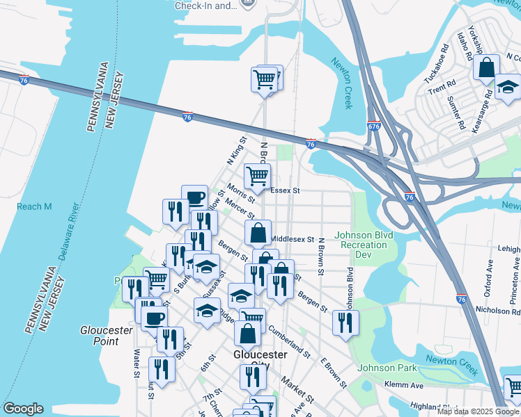 map of restaurants, bars, coffee shops, grocery stores, and more near 220 North Broadway in Gloucester City