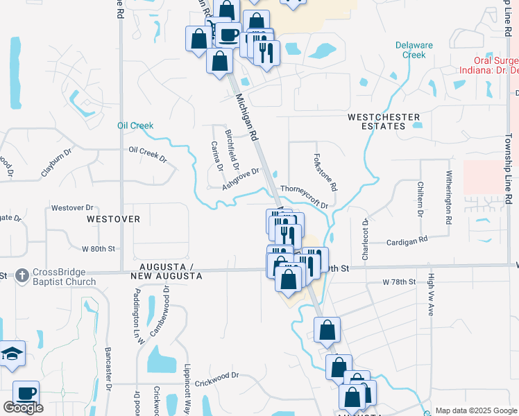 map of restaurants, bars, coffee shops, grocery stores, and more near 3327 Decker Ridge Drive in Indianapolis