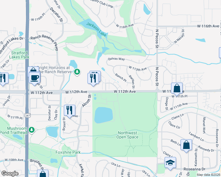 map of restaurants, bars, coffee shops, grocery stores, and more near 11204 Wyandot Street in Westminster