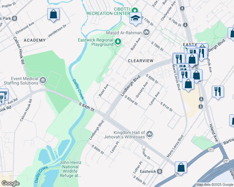map of restaurants, bars, coffee shops, grocery stores, and more near 8201 Lindbergh Boulevard in Philadelphia