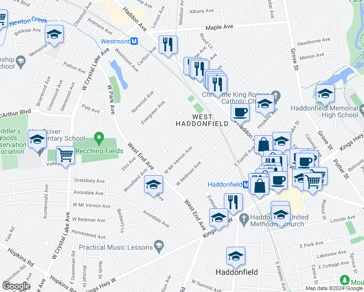 map of restaurants, bars, coffee shops, grocery stores, and more near 210 Linden Avenue in Haddonfield