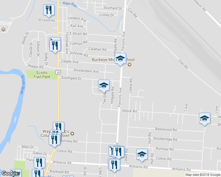 map of restaurants, bars, coffee shops, grocery stores, and more near 3103 Hillgate Road in Columbus