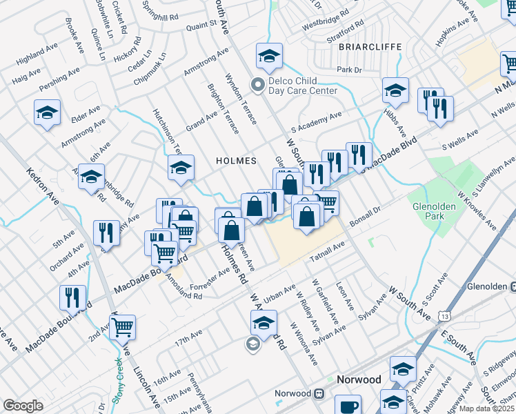 map of restaurants, bars, coffee shops, grocery stores, and more near 311 Highland Terrace in Holmes