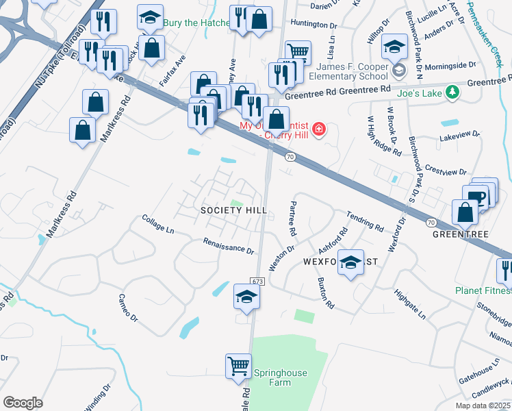 map of restaurants, bars, coffee shops, grocery stores, and more near 132 Society Hill Boulevard in Cherry Hill
