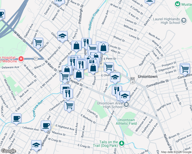 map of restaurants, bars, coffee shops, grocery stores, and more near 8 East Church Street in Uniontown