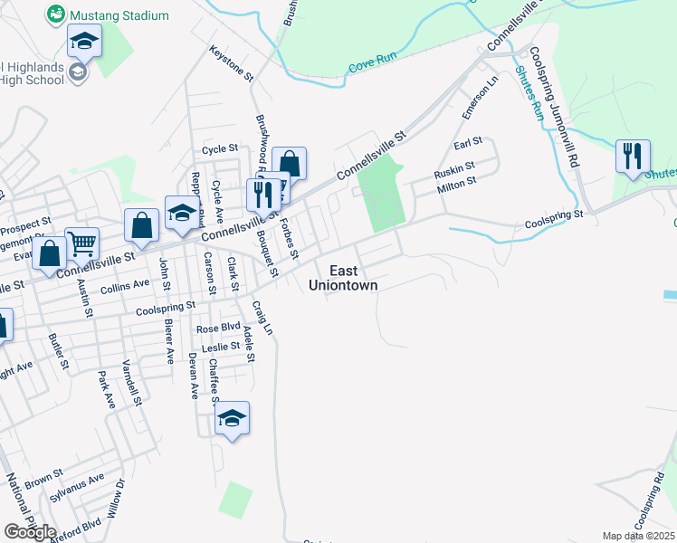 map of restaurants, bars, coffee shops, grocery stores, and more near 513 Johnston Ave in Uniontown