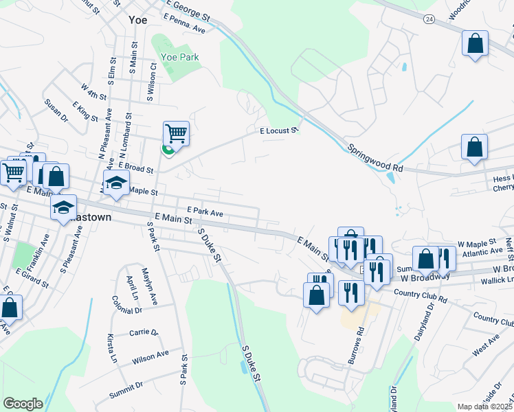 map of restaurants, bars, coffee shops, grocery stores, and more near 599 East Maple Street in Dallastown