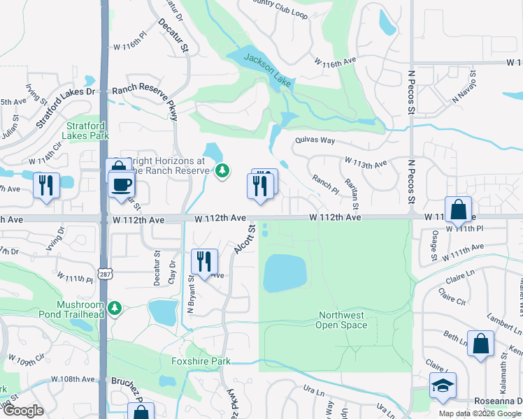 map of restaurants, bars, coffee shops, grocery stores, and more near 2345 West 112th Avenue in Westminster