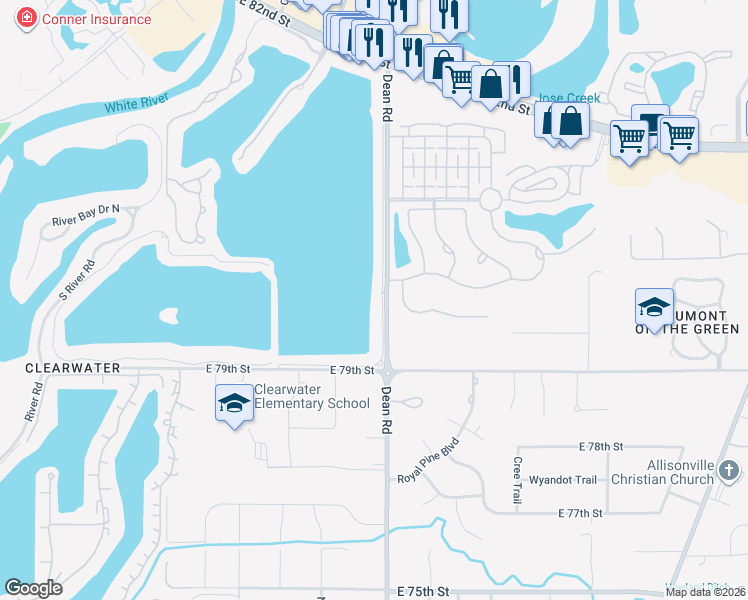 map of restaurants, bars, coffee shops, grocery stores, and more near 7996 Dean Road in Indianapolis