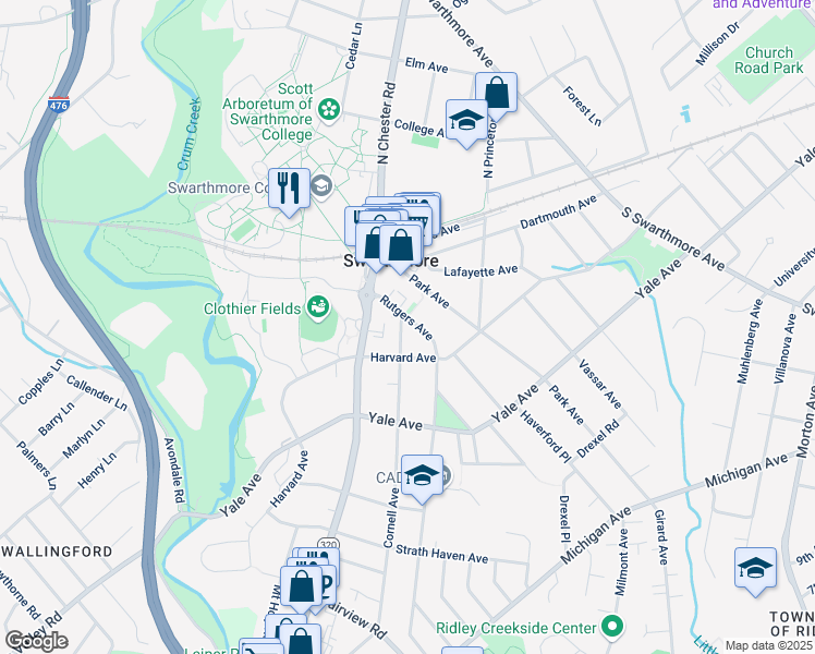 map of restaurants, bars, coffee shops, grocery stores, and more near 103 Cornell Avenue in Swarthmore