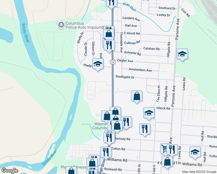 map of restaurants, bars, coffee shops, grocery stores, and more near 2997 South High Street in Columbus