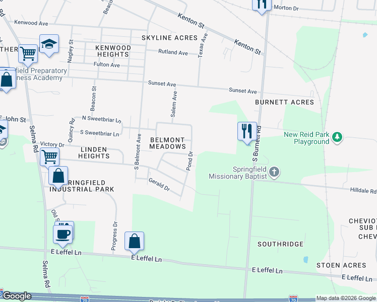 map of restaurants, bars, coffee shops, grocery stores, and more near 1905 Pond Drive in Springfield