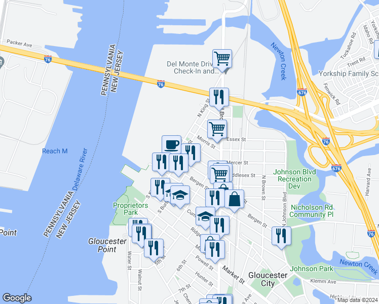 map of restaurants, bars, coffee shops, grocery stores, and more near 219 Middlesex Street in Gloucester City