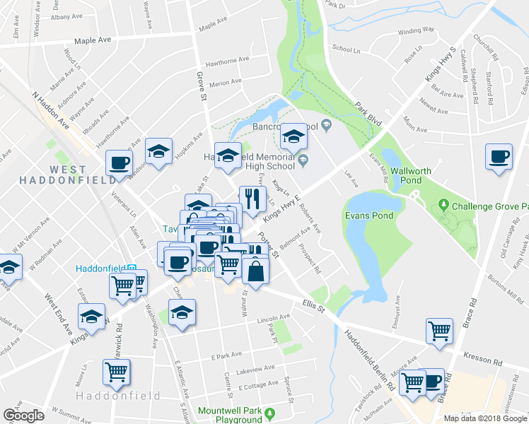 map of restaurants, bars, coffee shops, grocery stores, and more near 309 Kings Highway East in Haddonfield