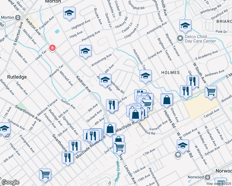 map of restaurants, bars, coffee shops, grocery stores, and more near 518 Amosland Road in Morton