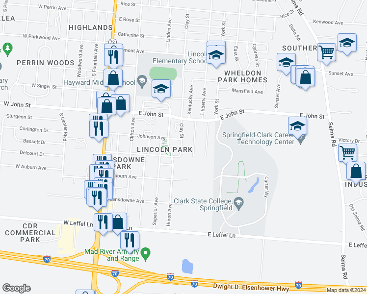map of restaurants, bars, coffee shops, grocery stores, and more near 1914 Clay Street in Springfield
