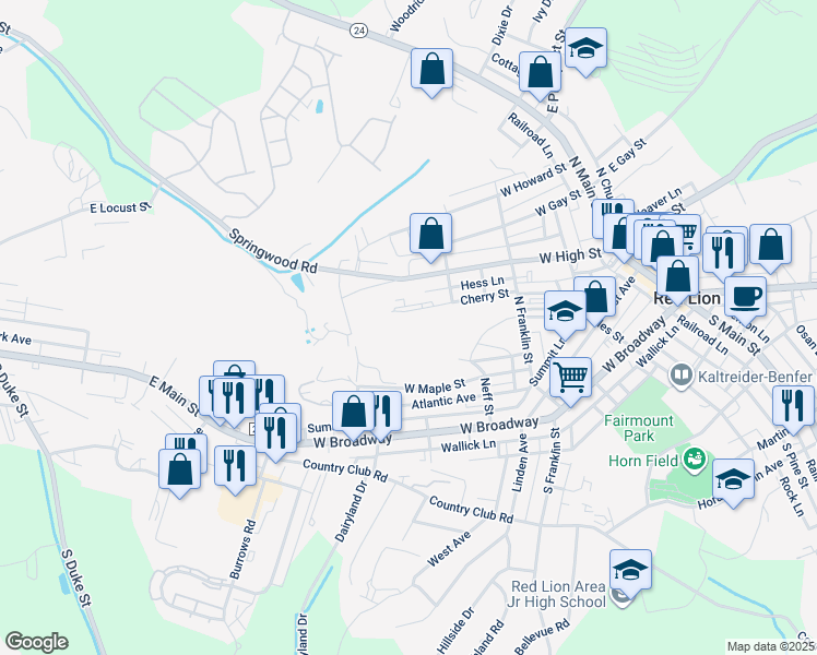 map of restaurants, bars, coffee shops, grocery stores, and more near 354 Cherry Street in Red Lion