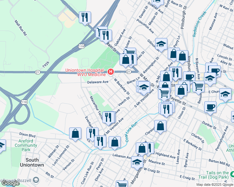 map of restaurants, bars, coffee shops, grocery stores, and more near 36 Woodlawn Ave in Uniontown