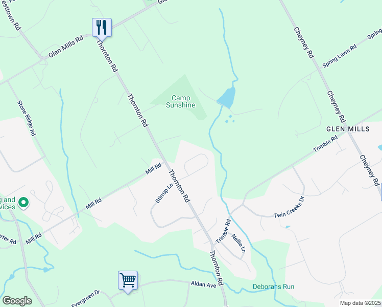 map of restaurants, bars, coffee shops, grocery stores, and more near 68 Colonial Circle in Delaware County
