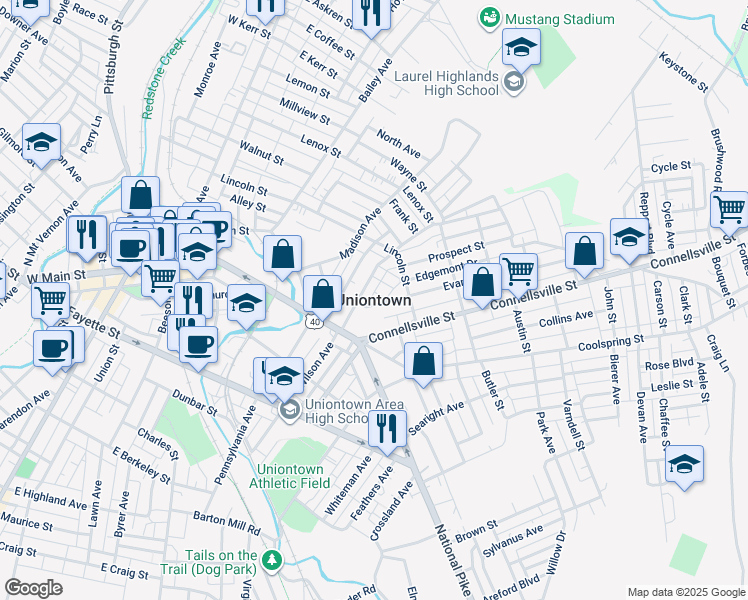 map of restaurants, bars, coffee shops, grocery stores, and more near in Uniontown