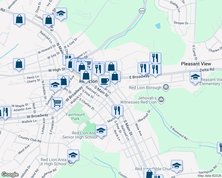 map of restaurants, bars, coffee shops, grocery stores, and more near 27 East Lancaster Street in Red Lion