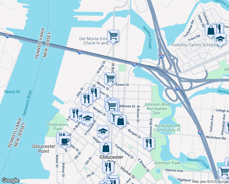 map of restaurants, bars, coffee shops, grocery stores, and more near 220 North Broadway in Gloucester City