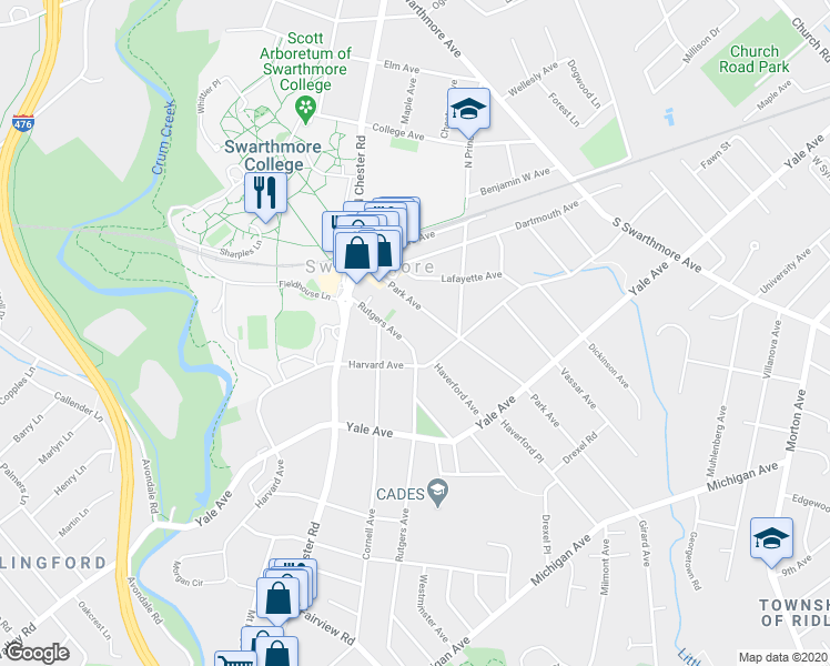map of restaurants, bars, coffee shops, grocery stores, and more near 135 Rutgers Avenue in Swarthmore