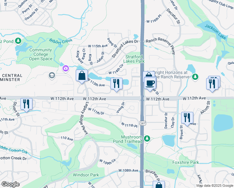 map of restaurants, bars, coffee shops, grocery stores, and more near 3224 West 112th Court in Westminster