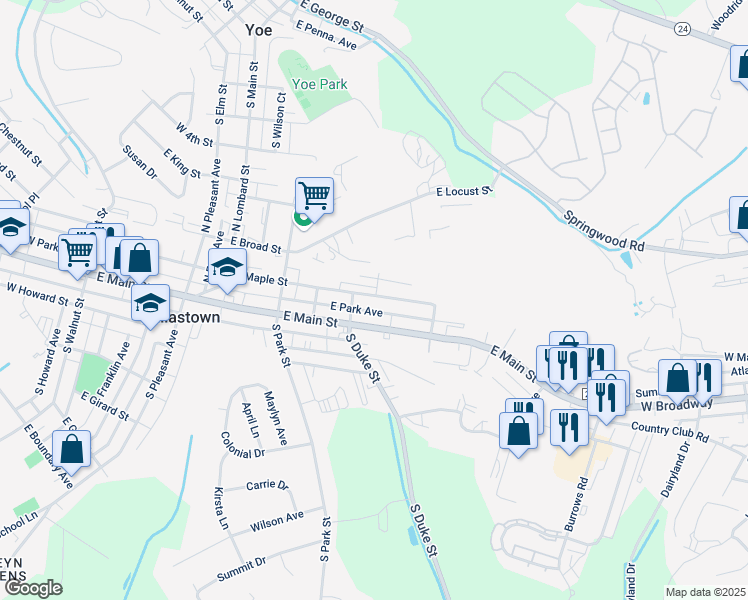 map of restaurants, bars, coffee shops, grocery stores, and more near 514 East Maple Street in Dallastown