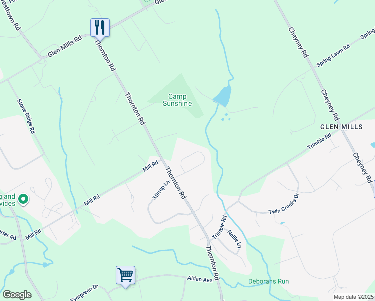 map of restaurants, bars, coffee shops, grocery stores, and more near 68 Colonial Circle in Delaware County