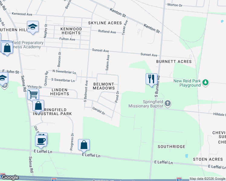 map of restaurants, bars, coffee shops, grocery stores, and more near 1905 Pond Drive in Springfield