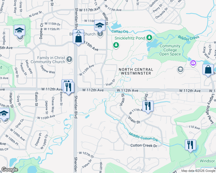 map of restaurants, bars, coffee shops, grocery stores, and more near 11218 Vrain Drive in Westminster