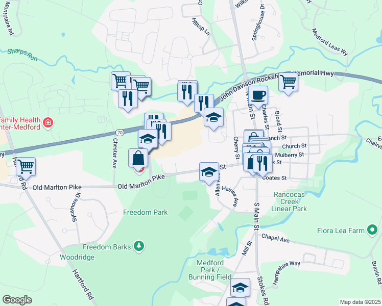map of restaurants, bars, coffee shops, grocery stores, and more near 8 Jones Road in Medford