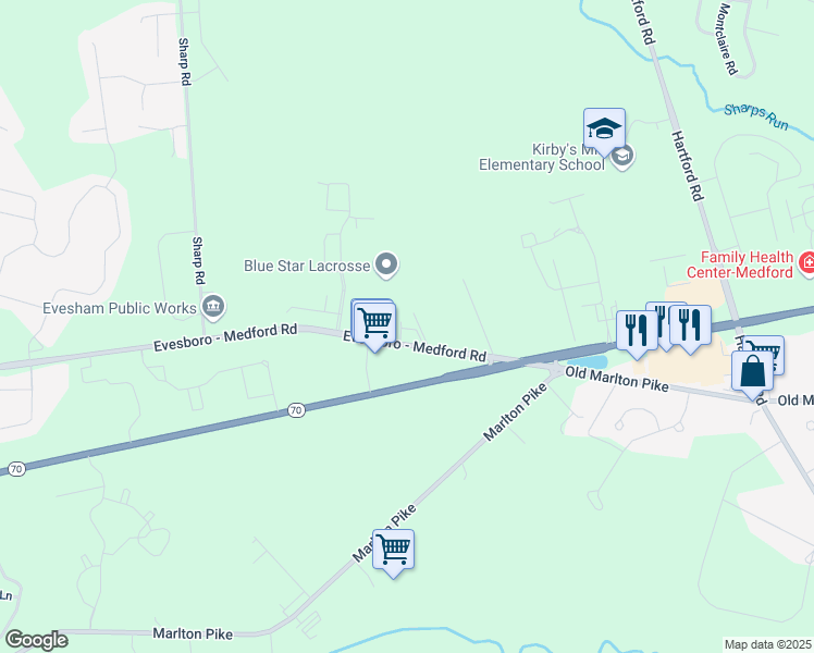 map of restaurants, bars, coffee shops, grocery stores, and more near 14 Medford Evesboro Road in Medford