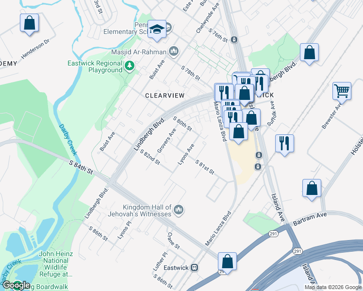 map of restaurants, bars, coffee shops, grocery stores, and more near 8032 Madison Avenue in Philadelphia