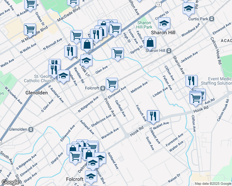 map of restaurants, bars, coffee shops, grocery stores, and more near 1521 Elmwood Avenue in Folcroft