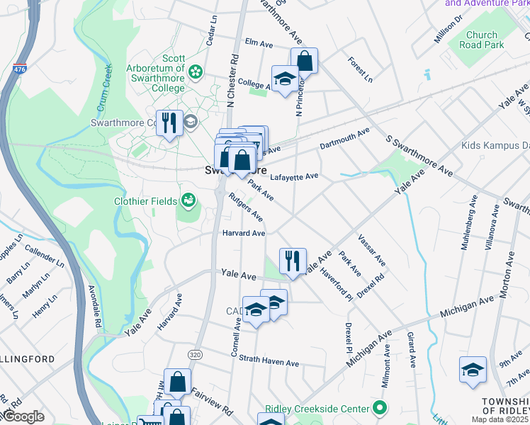 map of restaurants, bars, coffee shops, grocery stores, and more near 135 Rutgers Avenue in Swarthmore