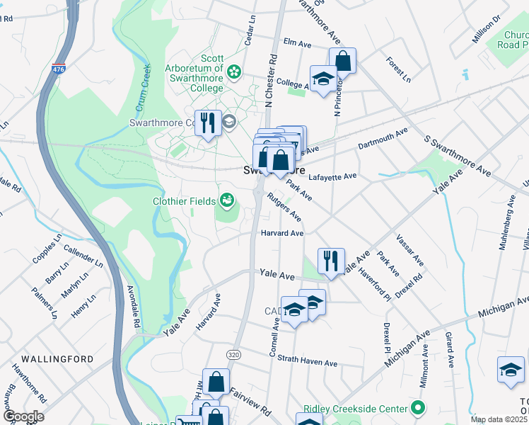 map of restaurants, bars, coffee shops, grocery stores, and more near 117-119 South Chester Road in Swarthmore