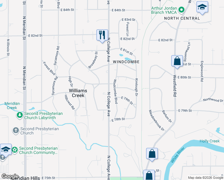 map of restaurants, bars, coffee shops, grocery stores, and more near 7914 Windcombe Boulevard in Indianapolis