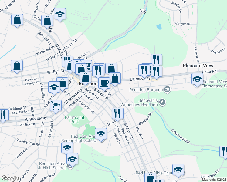 map of restaurants, bars, coffee shops, grocery stores, and more near 27 East Lancaster Street in Red Lion