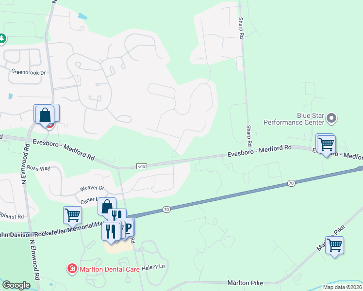 map of restaurants, bars, coffee shops, grocery stores, and more near 6 Lowell Drive in Evesham