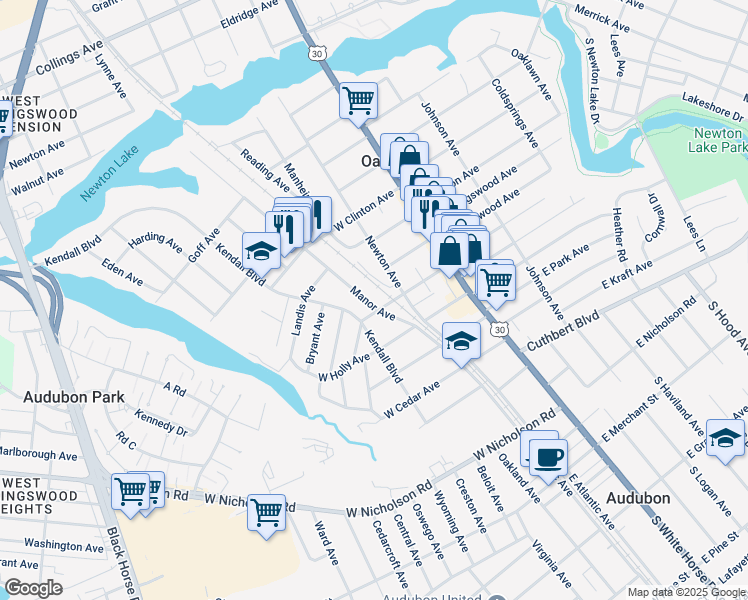 map of restaurants, bars, coffee shops, grocery stores, and more near 143 Manor Avenue in Oaklyn