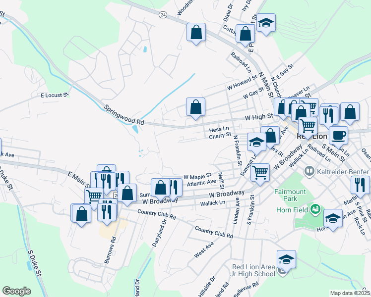 map of restaurants, bars, coffee shops, grocery stores, and more near 354 Cherry Street in Red Lion
