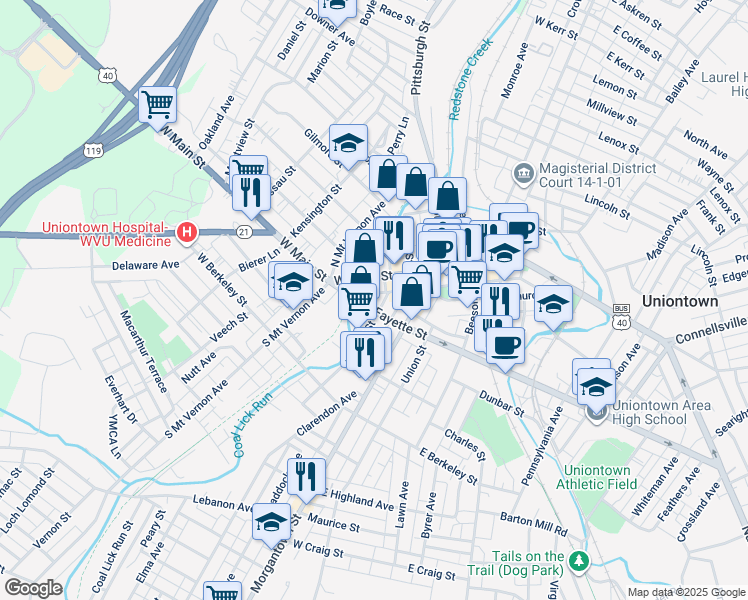 map of restaurants, bars, coffee shops, grocery stores, and more near 104 West Fayette Street in Uniontown