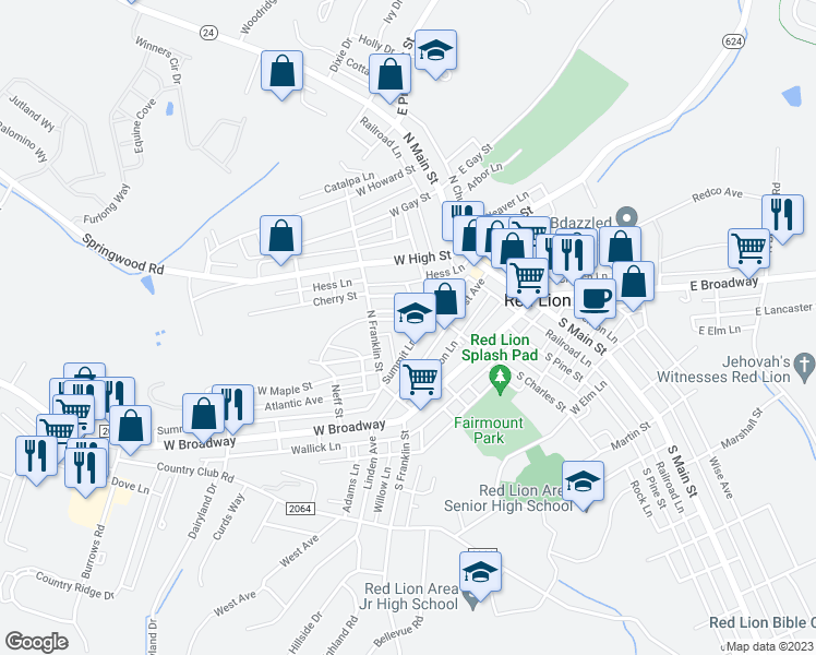 map of restaurants, bars, coffee shops, grocery stores, and more near 24 Railroad Avenue in Red Lion