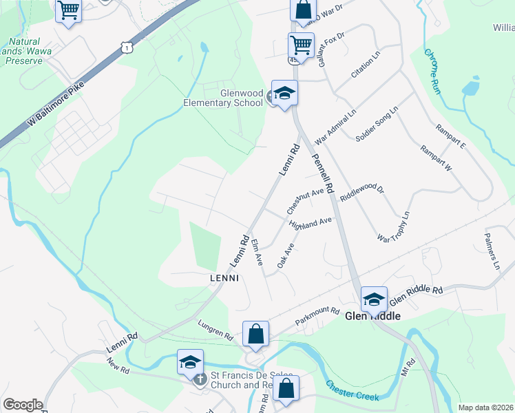 map of restaurants, bars, coffee shops, grocery stores, and more near 259 Lenni Road in Rose Valley